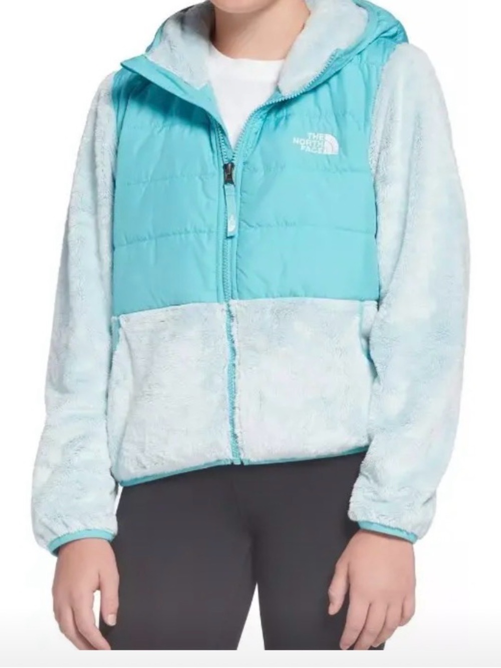 The North Face turquoise & artic blue zip up Sherpa jacket girls size 14